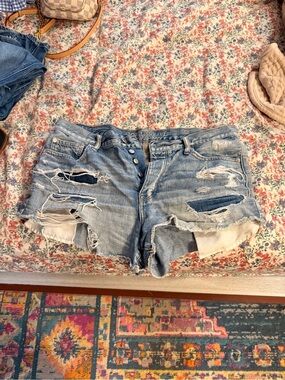 American Eagle Outfitters Light Blue Distressed Button-Fly Jean Shorts